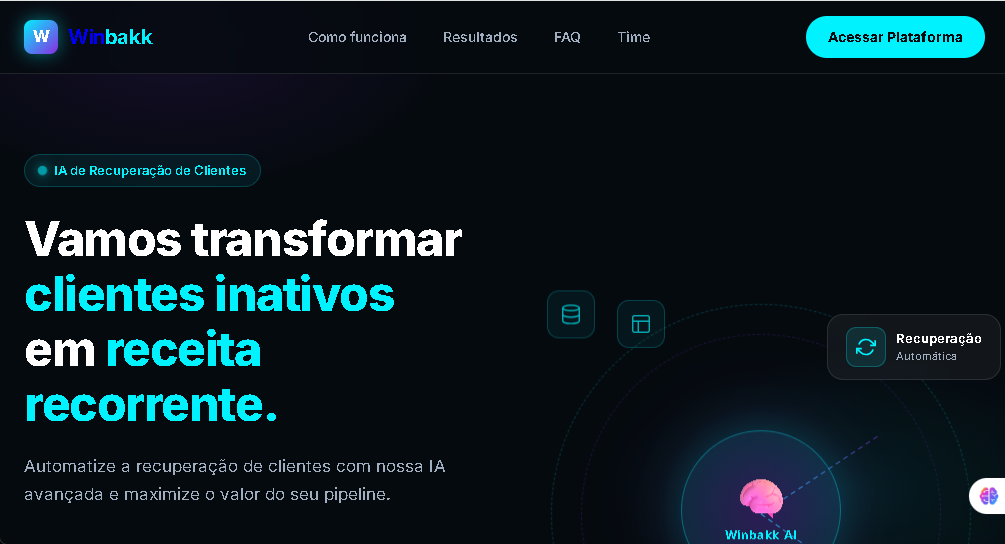 Screenshot do site Winbakk — IA de Recuperação de Clientes